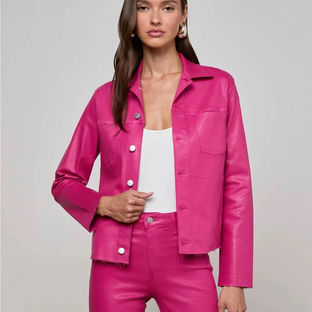 $410 NWT L’Agence Sz Large Janelle Coated Jean Jacket in Hot Neon Barbie Pink